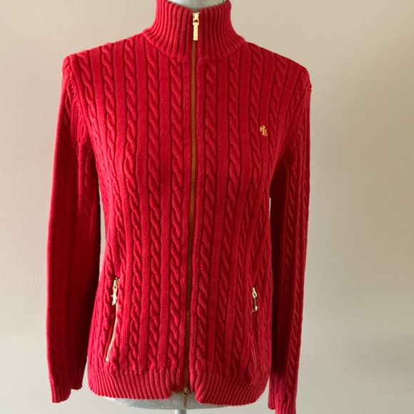 Ralph Lauren Sweaters - Ralph Lauren cable knit full zip sweater red long sleeve sz L gorpcore winter